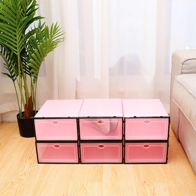 NUOBESTY 6pcs Thickened Stackable Shoes Storage Boxes Plastic Shoe Containers with Black Frame Pink Lid for Men’s Closet Organization