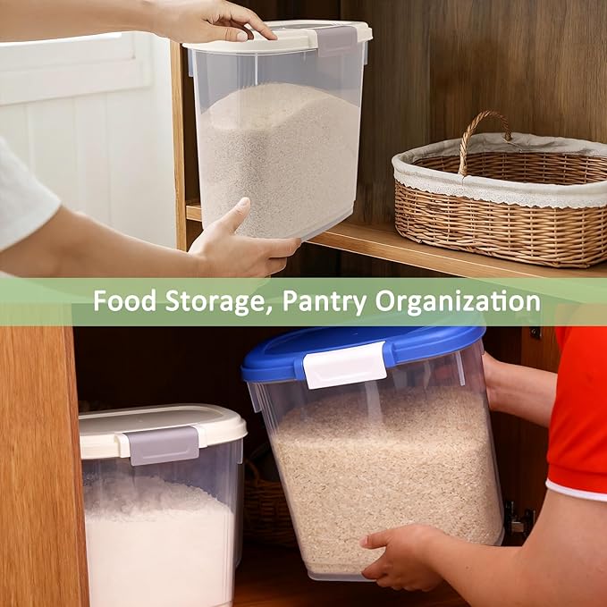 Large Rice Storage Container 20 Lbs - Tall Flour Container with Scoop + Cup - Slim Dry Food Storage Bin for Cereal, Sugar, Beans, Pet Dog Cat Food Container - Kitchen and Pantry Storage Organization