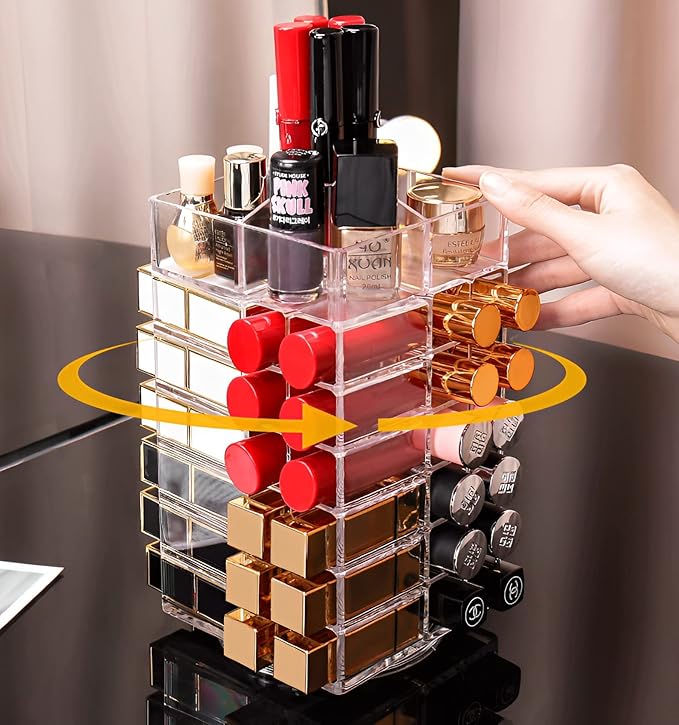 Sooyee 360 Degree Spinning Lipstick Organizer Holder 53 Spaces, Acrylic Cosmetic Display Cases for Lipstick, Brushes, Bottles, and More, Clear