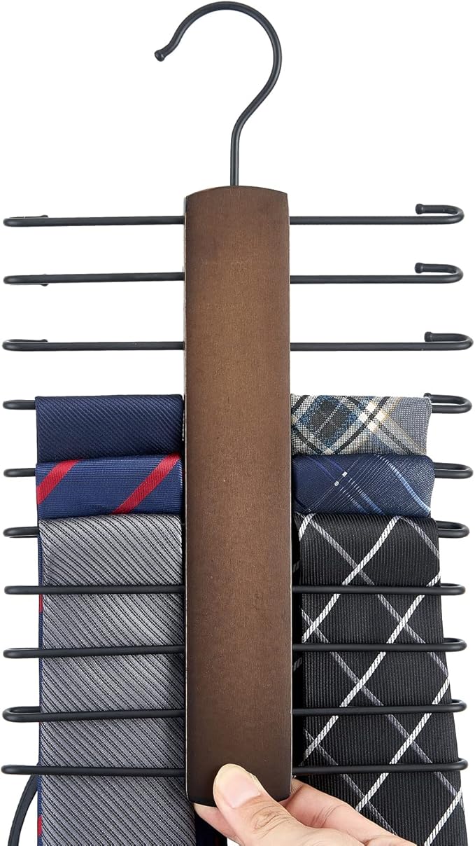 Mkono Wooden Tie Rack Retro Tie Belt Storage Hanger Organizer for Men Closet Space Saving Rack with 20 Non-Slip Hooks for Ties Belt Scarf Organize 360 Rotate Hanger Tie Display Holder, 1 Piece, Brown