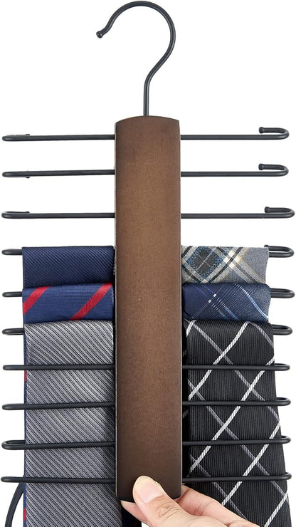 Mkono Wooden Tie Rack Retro Tie Belt Storage Hanger Organizer for Men Closet Space Saving Rack with 20 Non-Slip Hooks for Ties Belt Scarf Organize 360 Rotate Hanger Tie Display Holder, 1 Piece, Brown
