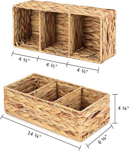 Vagusicc 3 Section Wicker Storage Basket, Hand-Woven Water Hyacinth Storage Baskets, Wicker Baskets for Storage, Toilet Paper Basket for Toilet Tank Top, Small Baskets for Organizing Shelves, 2-Pack