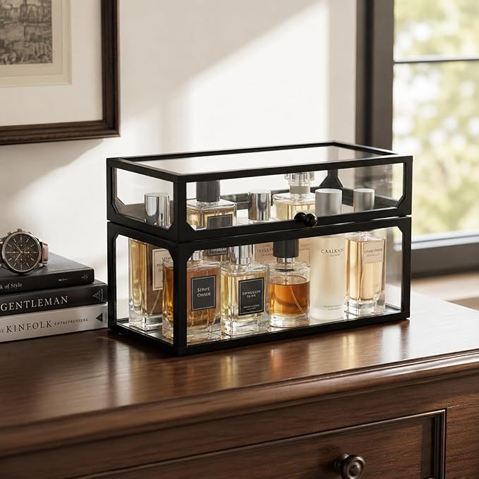 Cologne Organizer for Men, Glass Perfume Organizer Box with Flip Top Lid, Dustproof Perfume Storage Case, Clear Cologne Holder for Vanity, Bathroom Countertop, Watch, Jewelry, Fragrance Display, Black