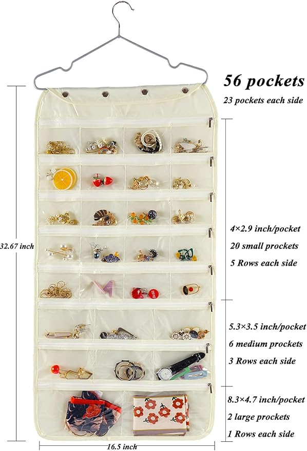 ass Organizer Storage, Dual-sided Hanging Sunglasses Holder Wall with 16 Pockets Jewelry Organizer and 16 Hooks Necklace Holder Organizer - Beige