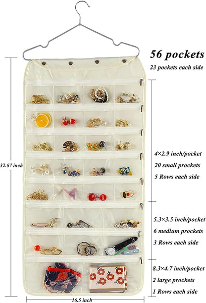 ass Organizer Storage, Dual-sided Hanging Sunglasses Holder Wall with 16 Pockets Jewelry Organizer and 16 Hooks Necklace Holder Organizer - Beige
