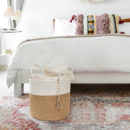 Mkono Woven Storage Basket Decorative Rope Basket Wooden Bead Decoration for Blankets,Toys,Clothes,Shoes,Plant Organizer Bin with Handles Living Room Home Decor, 11" W × 11" L, Cream White and Brown