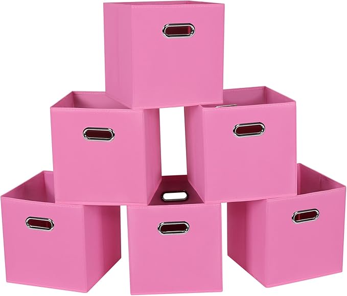Fabric Cloth Storage Bins,Fabric Cube Bins Organizer with Dual Handles Foldable Cube Storage Baskets for Home Bedroom Storage,Set of 6,(Pink)