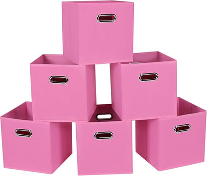 Fabric Cloth Storage Bins,Fabric Cube Bins Organizer with Dual Handles Foldable Cube Storage Baskets for Home Bedroom Storage,Set of 6,(Pink)