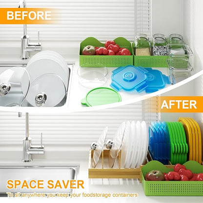 Pots and Pans Organizer, Bamboo Expandable Cutting Board Organizers, Adjustable Pot Lids Organizer for Cabinet with 5 Adjustable Dividers for Pots, Pans, Baking Sheets, Cutting Boards, Nature