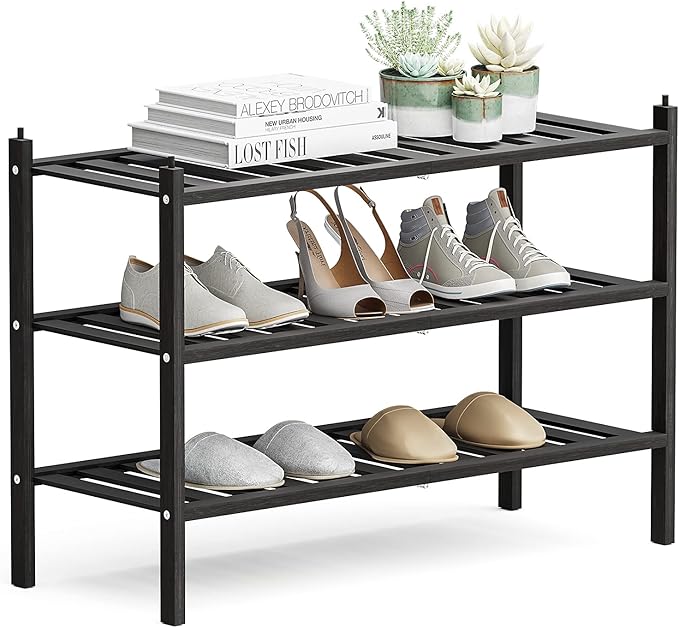 Dranixly Shoe Rack, 3-Tier Bamboo Stackable Shelf Storage Organizer, Stand for Closet, Entryway, Hallway, Bathroom and Living Room（Black）