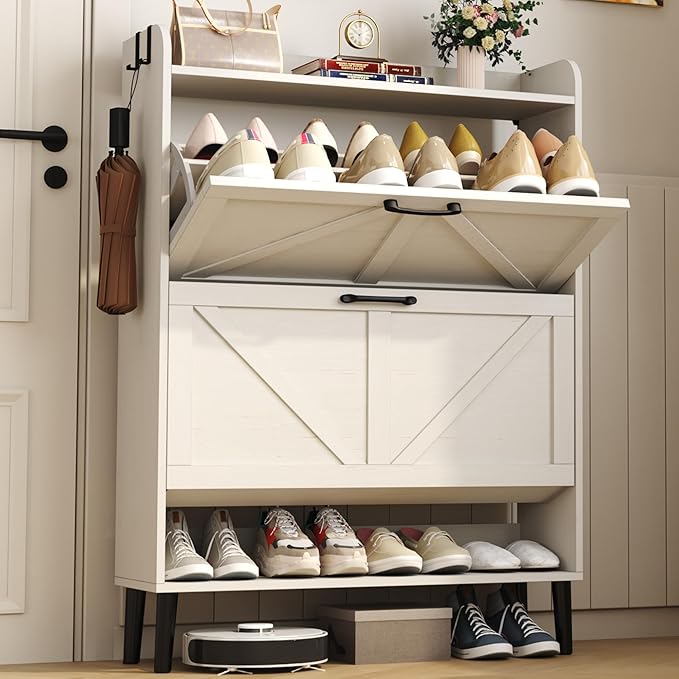 HOMEFORT Shoe Storage Cabinet for Entryway, Slim Shoe Organizer with Two Flip Drawers, Narrow Shoe Rack Cabinet with Wood Legs, Farmhouse Hidden Shoe Cabinet for Front Door Entrance,Antique White