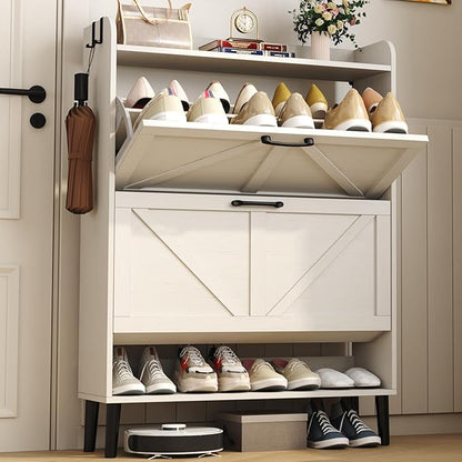 HOMEFORT Shoe Storage Cabinet for Entryway, Slim Shoe Organizer with Two Flip Drawers, Narrow Shoe Rack Cabinet with Wood Legs, Farmhouse Hidden Shoe Cabinet for Front Door Entrance,Antique White