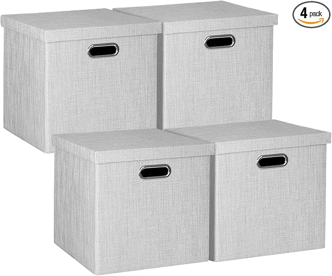 Posprica Storage Bins with Lids,13×13×13 Foldable Storage Cube Baskets Boxes Fabric Drawers for Closet Shelf Cabinet Bookcase,Set o f 4,Sliver grey