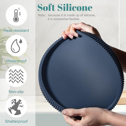 Silicone Bathroom Tray Round Kitchen Counter Organizer Decorative Vanity Accessories Coffee Table Decor for Perfume, Candle, Soap Dish, 12 Inch, Dark Blue
