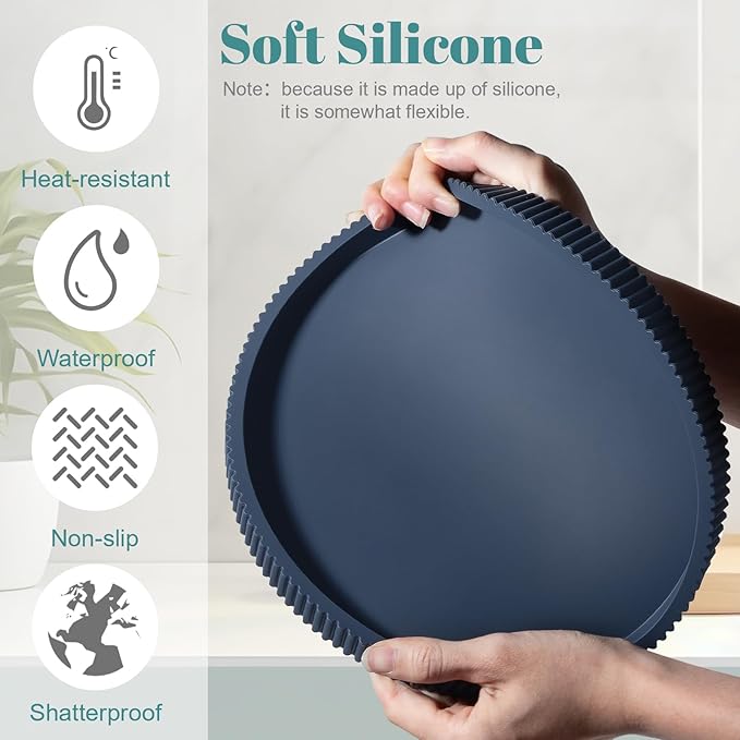 Silicone Bathroom Tray Round Kitchen Counter Organizer Decorative Vanity Accessories Coffee Table Decor for Perfume, Candle, Soap Dish, 9 Inch, Dark Blue