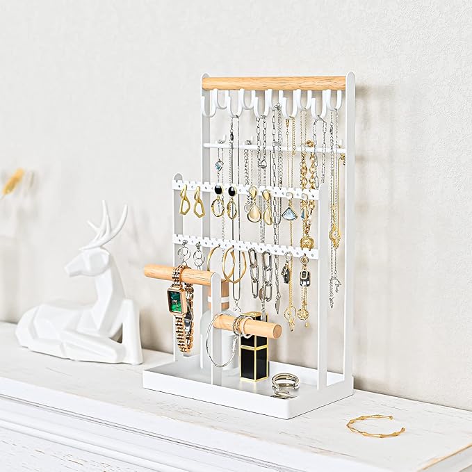 ProCase Jewelry Organizer Stand Necklace Organizer Earring Holder, 6 Tier Jewelry Stand Necklace Holder with 15 Hooks, Jewelry Tower Display Rack Storage Tree for Bracelets Earrings Rings -White