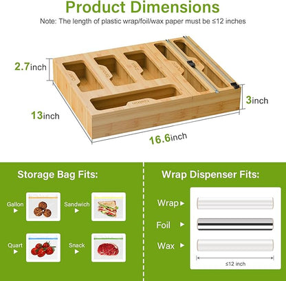 KOCWELL Bamboo Bag Storage Organizer - 2 Wrap Dispenser with Cutter & 4 Slots Food Storage Bags Container - Kitchen Drawer Plastic Bags Storage Organization for Gallon Quart Sandwich Snack Bags