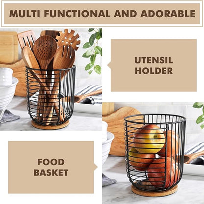 Coffee Pod Holder -Black Wire K Cup Storage with Wooden Base - Large Capacity Slim Design - Modern Coffee Basket Decor for Kitchen Countertop for Keurig Kcups & Espresso Capsules