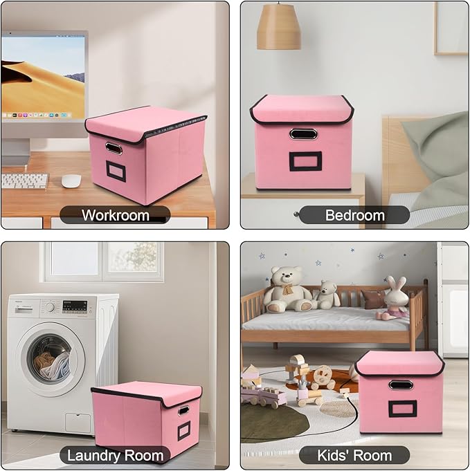 File Storage Box with Lid, 15.55x12.87x10.43 Inches, Foldable Organizer with Handles & Label Slot, for File Storage, Home, Office, and Closet Organization(Pink)