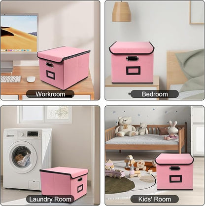 File Storage Box with Lid, 15.55x12.87x10.43 Inches, Foldable Organizer with Handles & Label Slot, for File Storage, Home, Office, and Closet Organization(Pink)