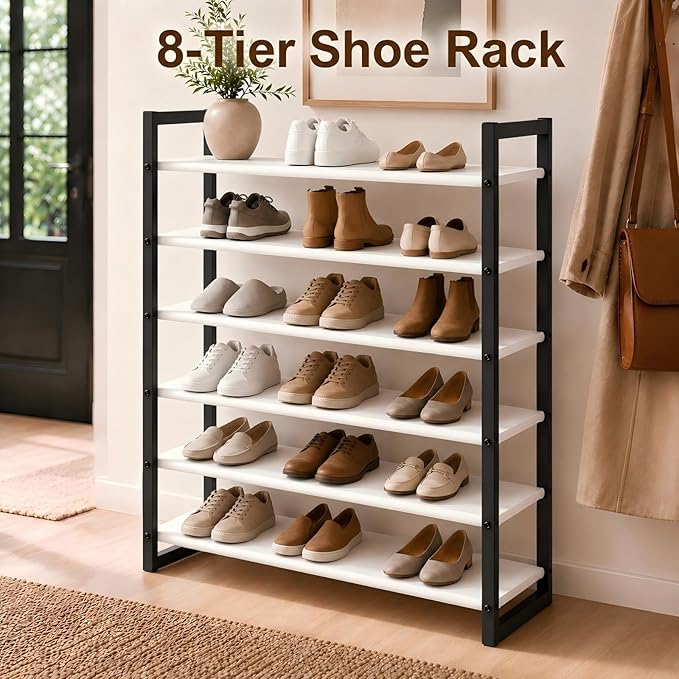8-Tier Tall Shoe Rack, Stackable Zero-Wobble Metal Frame with Screw-Fastened Joints, 11.8" Deep Heel-Friendly Non-Woven Shelves, Space-Saving Shoe Tower for Closet Entryway Bedroom