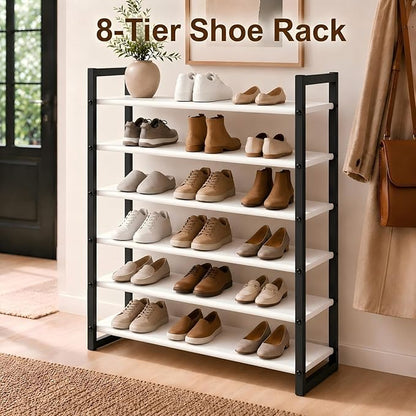 8-Tier Tall Shoe Rack, Stackable Zero-Wobble Metal Frame with Screw-Fastened Joints, 11.8" Deep Heel-Friendly Non-Woven Shelves, Space-Saving Shoe Tower for Closet Entryway Bedroom