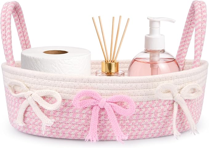 Toilet Bow Paper Basket–Woven Rope Pink Bow Decorative Bathroom Decor Organizer Toilet Tank Top Storage Basket, Oval Shelf Bin with Handles, Over Bedroom Wedding Paper Holder, 13" D x 4" H in