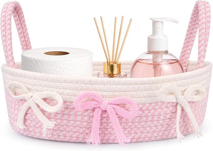 Toilet Bow Paper Basket–Woven Rope Pink Bow Decorative Bathroom Decor Organizer Toilet Tank Top Storage Basket, Oval Shelf Bin with Handles, Over Bedroom Wedding Paper Holder, 13" D x 4" H in