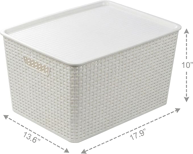 BINO | Plastic Storage Baskets with Lids, 33 Liter - 3 Pack, White | THE WOVEN COLLECTION | Storage Basket for Shelves | Woven Storage Baskets for Organizing Bins Pantry Shelf Organizer Container Bin