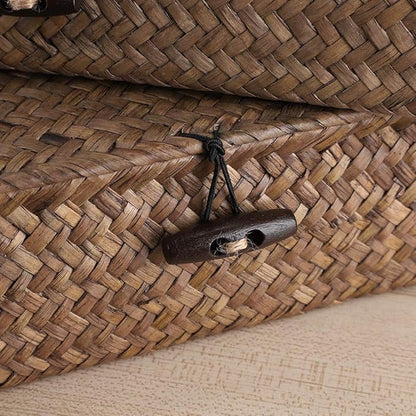 Hipiwe Set of 2 Flat Woven Wicker Storage Bins with Lid Natural Seagrass Basket Multipurpose Home Boxes for Shelf Organizer (Coffee)
