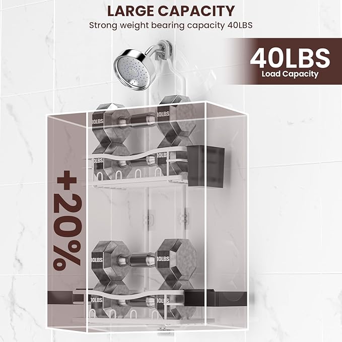 REINHARDT Shower Caddy Hanging, Rustproof Shower Caddy Anti-Swing Shower Organizer No Drilling Showers Racks with Soap Holder Multi Hooks Bathroom Storage for Shampoo Sponge, White