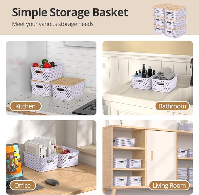 Plastic Storage Bins with Bamboo Lids, Stackable Small Box Baskets for Organizing and Containers for Shelves Drawers Desktop Closet Pantry Classroom Office Home, 6 Pack 10.2"x7.2"x4.1" Lavender