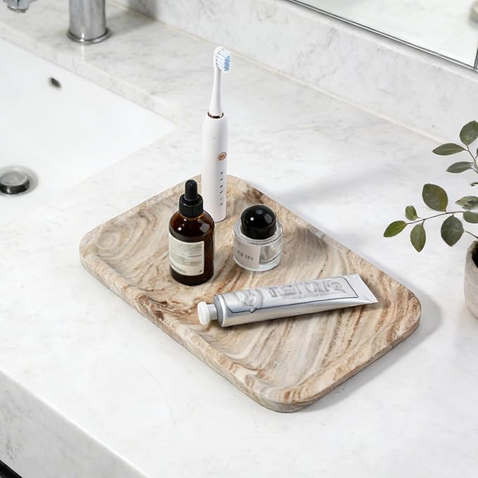 Koville Marble Tray, 12"x8" Natural Marble Vanity Tray for Countertop Bathroom Kitchen Dresser, Decorative Catchall Trays for Perfume Jewelry, Rectangular Stone Serving Tray（Palissandro）