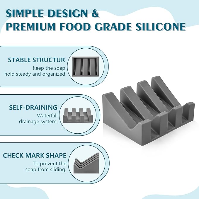 Self Draining Soap Dish Holder,Silicone Soap Dish,for Bathroom,Kitchen, Sponges，Can Extend Soap Life，Keep Soap Bars Dry and Easy Cleaning (Grey,2-Pack)