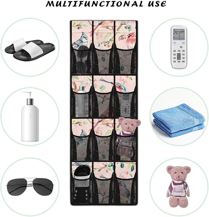 Behind Door Shoes Hang Holder Rack,Bird Pink Shoe Organizer Door Hanger with 12 Mesh Large Pockets,Space Saver Waterproof Reusable