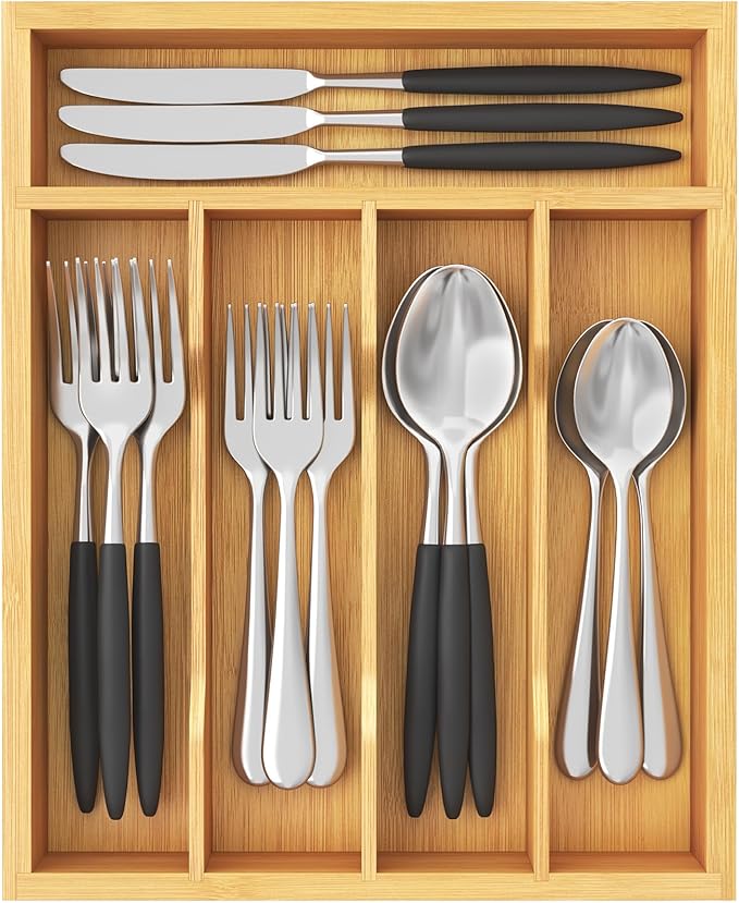 Lifewit Silverware Drawer Organizer, Utensil Tray for Kitchen, Flatware and Cutlery Holder, Storage for Spoons Forks Knives, 9.9 x 12.8", Natural