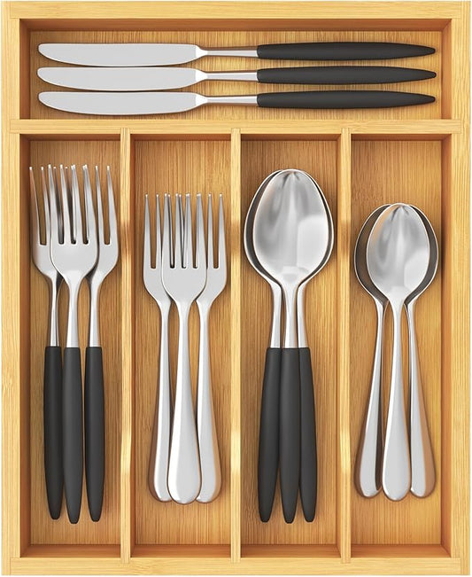 Lifewit Silverware Drawer Organizer, Utensil Tray for Kitchen, Flatware and Cutlery Holder, Storage for Spoons Forks Knives, 9.9 x 12.8", Natural