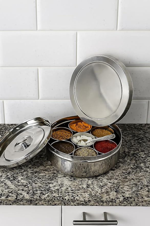 COTSILR Stainless Steel Masala Dabba - Spice Container With 7 Compartments, 8x8 Inches (Silver Stainless Steel)