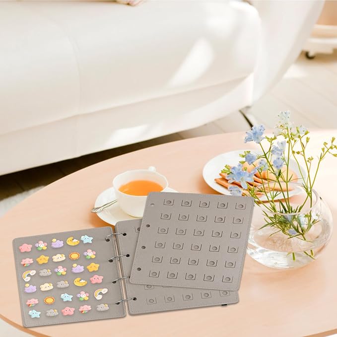 Shoe Charms Organizer, Hanging Shoe Charm Display Holder with 180 Holes 6 Enameled Pin Pages and 2 Front and Back Pages DIY Wall Mounted Portable Shoe Decor Charms Display Stand (Grey)