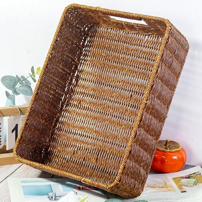 Plastic Storage Baskets for Shelves and Cabinets, Wicker Storage Baskets for Shelves, Pantry Baskets Organization and Storage, Water-Resistant and Durable(Set of 2, Dark Brown)