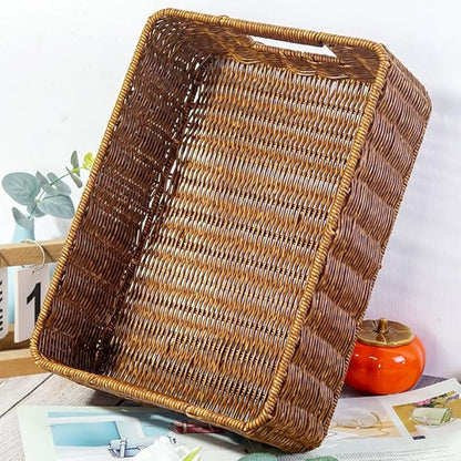 Plastic Storage Baskets for Shelves and Cabinets, Wicker Storage Baskets for Shelves, Pantry Baskets Organization and Storage, Water-Resistant and Durable(Set of 2, Dark Brown)