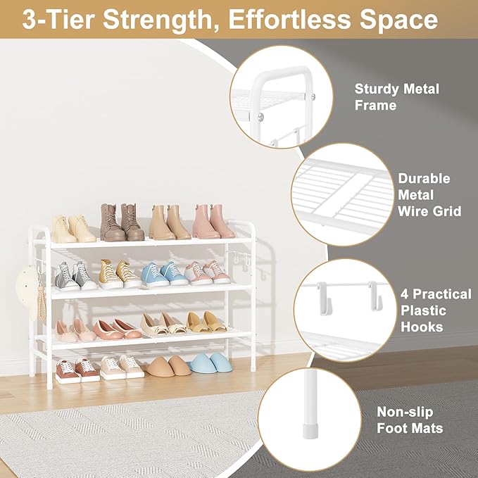 VILICK 3 Tier Shoe Rack 33" Wide Metal Shoe Organizer Long Shoe Storage with 4 Side Hooks Sturdy Shoes Shelf for Front Door Entrance, Closet, Garage, Dorm, White
