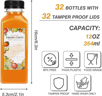 TOMNK 32pcs Juice Bottles, 12oz Reusable Plastic Juice Bottles with Caps and Labels, Funnel, Brush Beverage Containers for Juicing, Smoothies, Tea, Milk