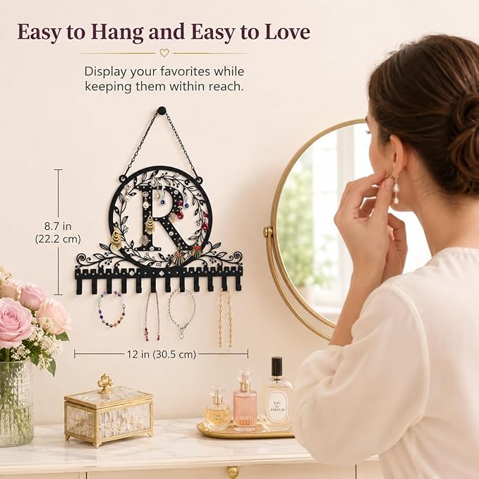 Wall-Mounted Metal Initial Letter R Earring Holder Hanging Jewelry Organizer for Earrings and Necklaces Space-Saving Wall Display with Hooks for Jewelry Storage