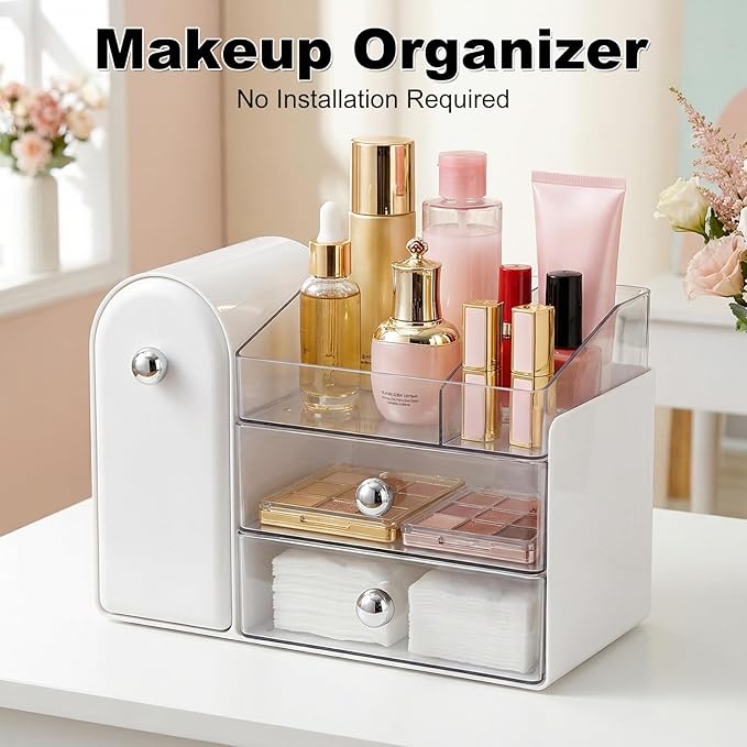 Makeup Organizer with Makeup Brush Holder, Vanity Organizer Large Cosmetic Display Cases, Skincare Organizers and Bathroom Countertop Organizer, Gifts for Women (White)