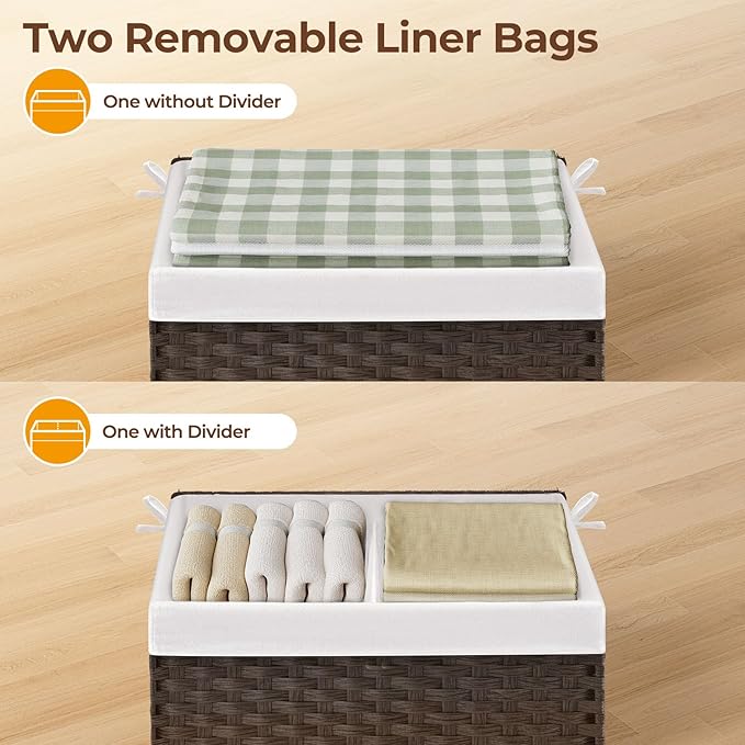 Greenstell Storage Basket with Lid, 105L Large Wicker Basket with Lid, Handwoven Blanket Storage Basket with Handles, Removable Cotton Liner, Metal Frame, Foldable for Bedroom, Laundry Room, Brown