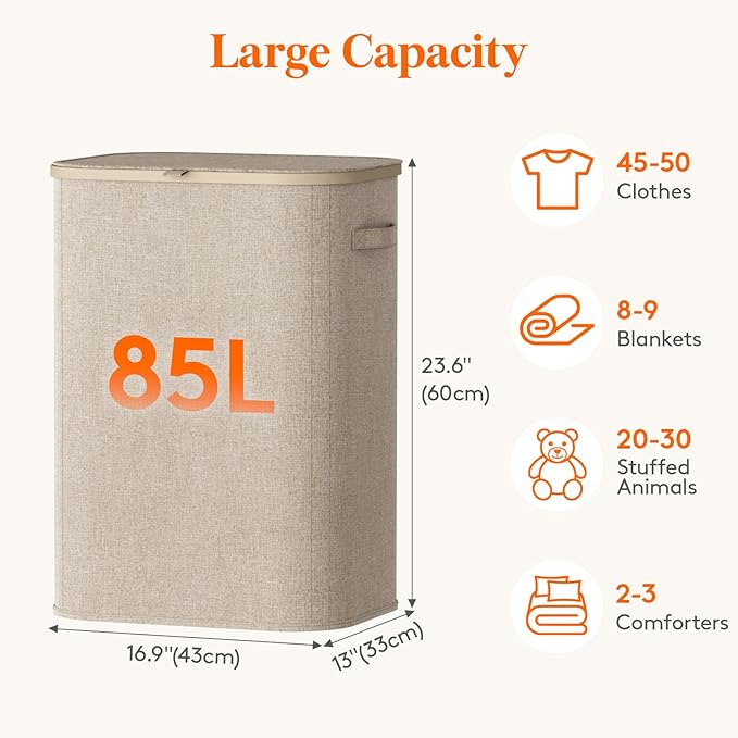 Lifewit 85L Large Laundry Basket with Lid, Laundry Hamper with Plastic Handles and Removable Bag, Foldable Tall Dirty Clothes Hampers for Laundry for Laundry Room, Bedroom, Bathroom, Dorm, Beige