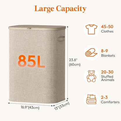 Lifewit 85L Large Laundry Basket with Lid, Laundry Hamper with Plastic Handles and Removable Bag, Foldable Tall Dirty Clothes Hampers for Laundry for Laundry Room, Bedroom, Bathroom, Dorm, Beige