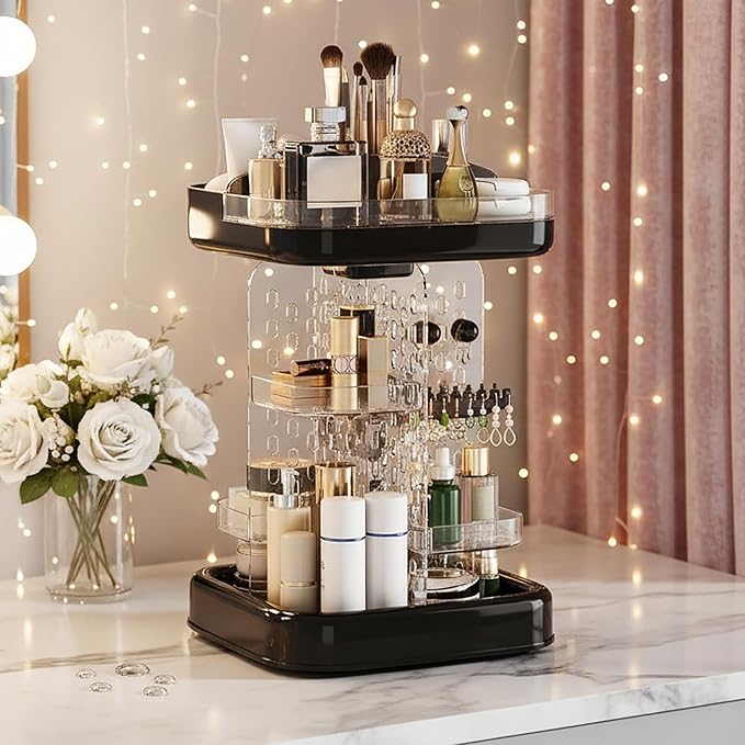 360 Rotating Make up Organizer for Vanity & Countertop, Clear Adjustable Height Tiered Cosmetic and Skincare Storage, Spinning Perfume and Makeup Holder, Jewelry Accessories Desktop Organizer, Black