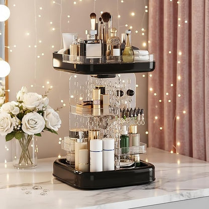360 Rotating Make up Organizer for Vanity & Countertop, Clear Adjustable Height Tiered Cosmetic and Skincare Storage, Spinning Perfume and Makeup Holder, Jewelry Accessories Desktop Organizer, Black